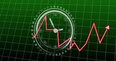 Neon trend over time: red jagged line crossing analog clock on green grid for analytics