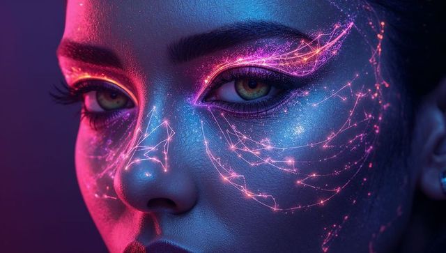 Neon Circuitry Beauty Closeup Featuring Glowing Winged Liner and Iridescent Metallic Skin
