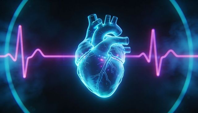 Holographic heart pulsing with neon ecg waveform for futuristic cardiac diagnostics
