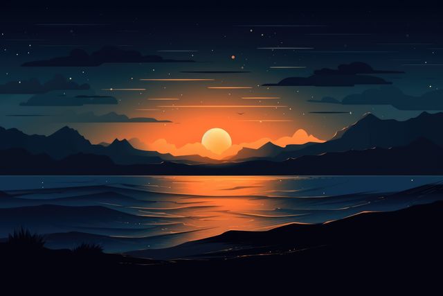 Sunset landscape with trees, mountains and lake created using generative ai technology. Landscape and nature concept digitally generated image.