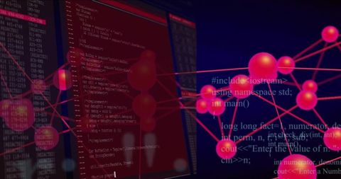 Magenta neural graph rotating nodes and sliding red terminals revealing c++ code