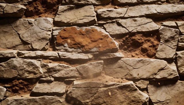 Layered sedimentary rock slabs with reddish soil and weathered cracks for texture use