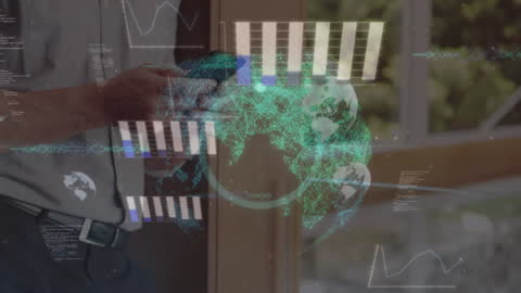 Businessman Engaging with Smartphone and Data Interfaces