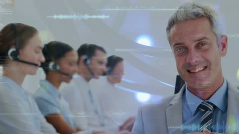 Global Business Team Using Headsets and Digital Infographics