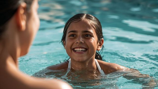Smiling girl enjoying sunny pool swim with white swimsuit straps and playful water droplets