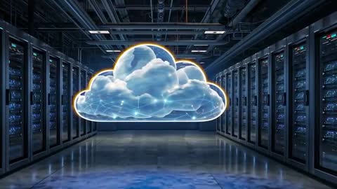 Pulsing Cloud Hologram Hovering in Datacenter Aisle, Golden Rim Reshaping Network Glow