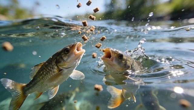 Carp feeding frenzy at waterline with floating pellets and sunlit reflections