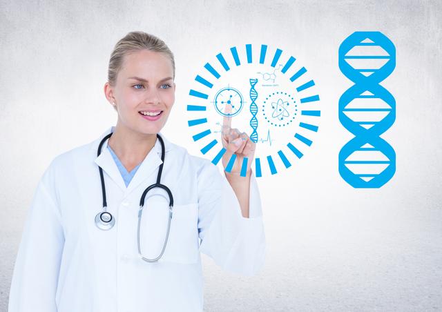 Image showcases a female doctor engaging with a virtual genetic interface, symbolizing advanced healthcare technology. Perfect for illustrating concepts related to genetic research, biotechnology advancements, future medical practices, and innovative healthcare solutions. Suitable for use in medical publications, biotech advertisements, healthcare presentations, and technology blogs.