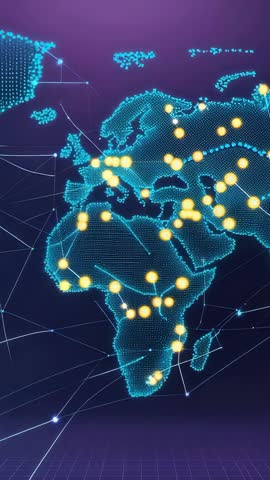 Vertical Map Animation: Global Network Connectivity with Pulsing Nodes and Data Links