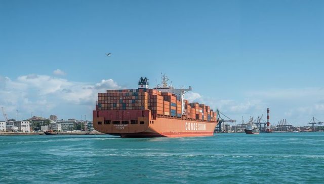 Orange container ship cruising into port with stacked cargo containers and harbor cranes