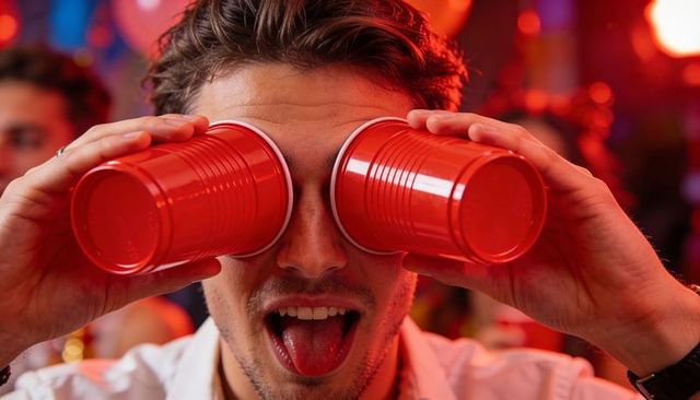 Playful man holding red party cups as binoculars, sticking out tongue, nightclub celebration