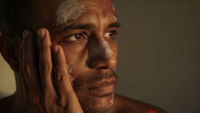 Contemplating man touching cheek with clay mask traces, textured stubble studio closeup