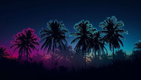Palms Swaying in Neon Twilight with Magenta and Teal Gradient Silhouettes
