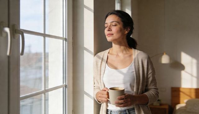 Woman savoring morning sunlight, holding ceramic coffee mug by multipane bedroom window