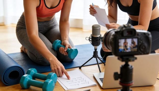 Female Fitness Creators Filming Home Workout Tutorial with Dumbbells, Microphone, Camera