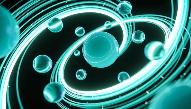 Teal orb orbiting neon rings with floating spheres and glowing particle trails