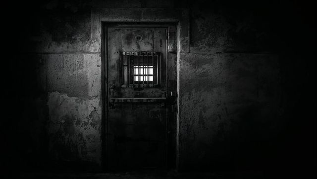 Atmospheric Dark Prison Door with Barred Window