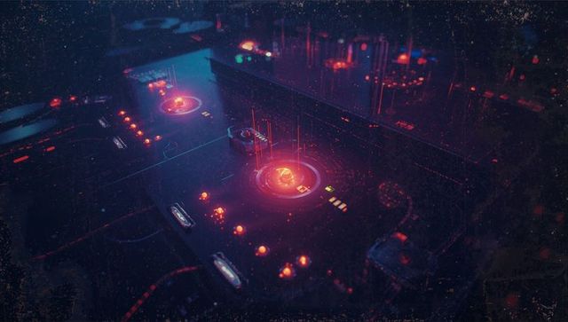 Futuristic circuit board with glowing data nodes and neon beams