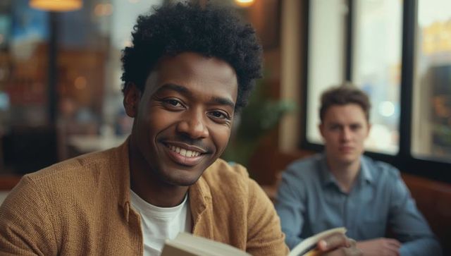 Man in Casual Cafe Setting Enjoying a Book Under Warm Lighting
