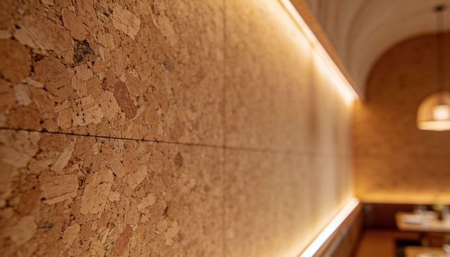 Cork wall panels receding into cozy cafe booths with warm led strip and pendant lighting