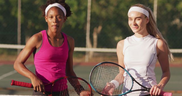 Image of happy diverse female tennis players holding rackets and looking at camera. professional tennis training, sport and competition concept.