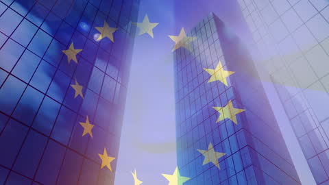 European Union Flag Simulating Over Modern Skyscrapers