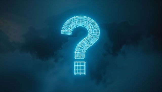 Neon Blue Wireframe Question Mark in Digital Haze
