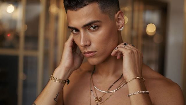 Bare-chested male model adjusting layered necklaces, showcasing rings, bracelets, earcuffs