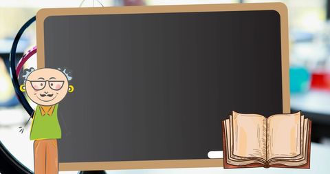 Cartoon Teacher with Blackboard in Classroom