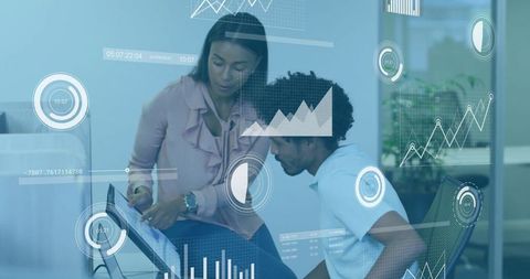 Business Team Analyzing Interactive Digital Data Analytics Overlay