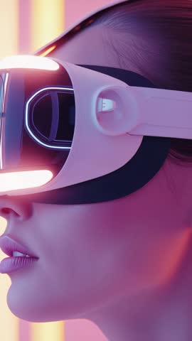 Woman Rotating Head Left Exploring Neon VR World with Futuristic Headset Vertical Video