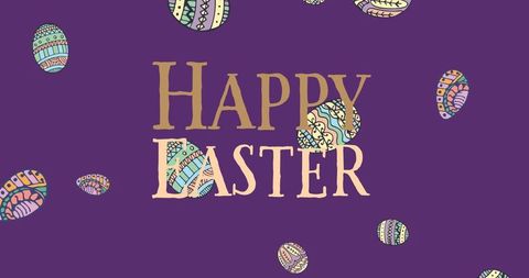 Colorful Easter Eggs with Happy Easter Greeting on Purple Background
