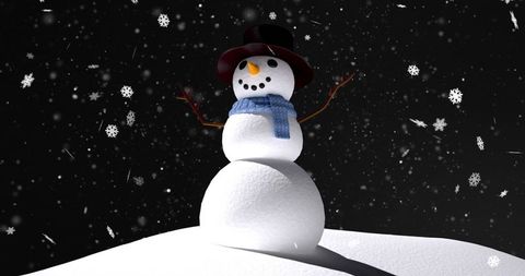 Cheerful snowman with top hat in night snowfall
