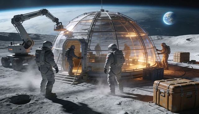 Astronaut Crew Securing Transparent Geodesic Lunar Habitat Under Earthrise with Rover