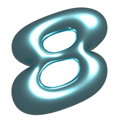Transparent cyan chrome number eight sculpture tilting in 3d with neon rim highlights