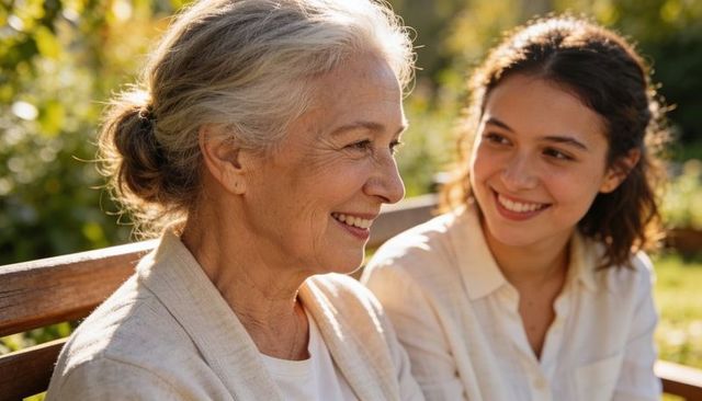 Senior woman and young adult daughter sharing warm smile on sunlit garden bench