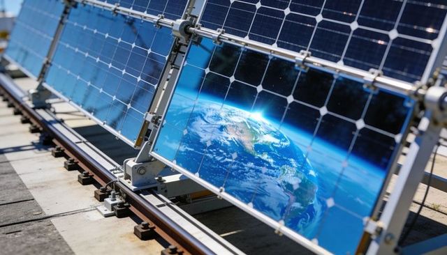 Solar panel array reflecting Earth globe concept for renewable energy and sustainability