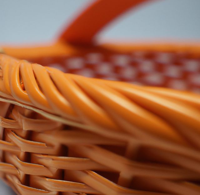 Brightly colored orange woven basket shown in close-up detail highlighting the craftsmanship and intricate weave design. This image can be used to depict concepts of handmade goods, storage solutions, organization, and home decor themes. Ideal for use in articles, blogs, or advertisements related to crafting, home organization, or decorative storage options.