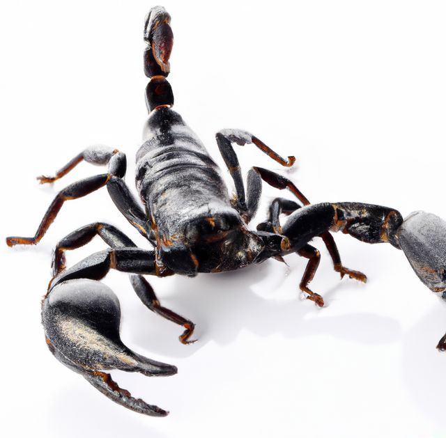 Image of close up of black scorpion on white background. Dangerous animals, wildlife and nature concept.