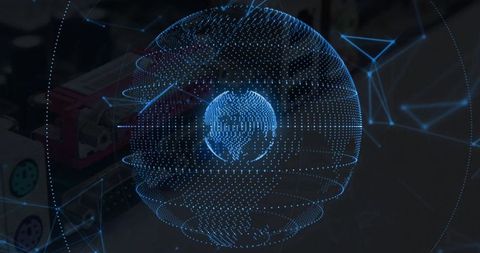 Holographic Globe with Digital Network Nodes in Tech Lab Environment