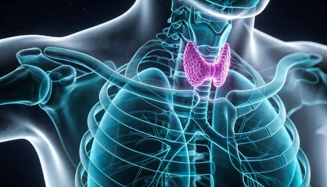 3d medical visualization highlighting thyroid gland glowing purple in upper torso
