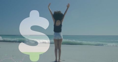 Businesswoman At Beach with Dollar Sign Overlay Representing Financial Freedom