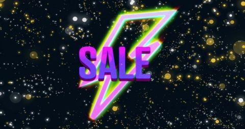 Neon lightning bolt with 3d sale text floating over cosmic bokeh background for promo