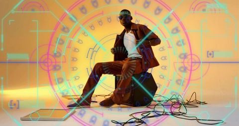 Stylish Musician Playing Accordion Surrounded by Digital Elements