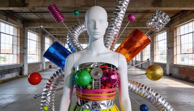 Futuristic mannequin with chrome duct sculpture and colorful glossy spheres in loft