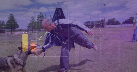 Dog trainer using bite sleeve with german shepherd outdoors