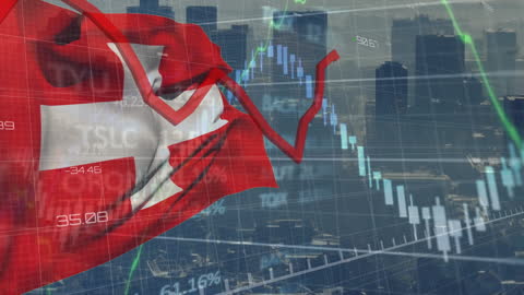 Swiss National Flag with Financial Chart Overlay