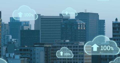Digital Clouds Hovering Over Urban Cityscape Technology Concept - Download Free Stock Images Pikwizard.com