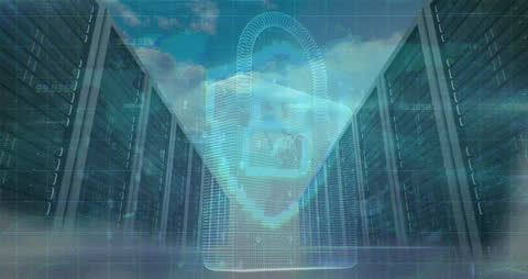 Futuristic Digital Padlock with Data Servers and Holographic Map