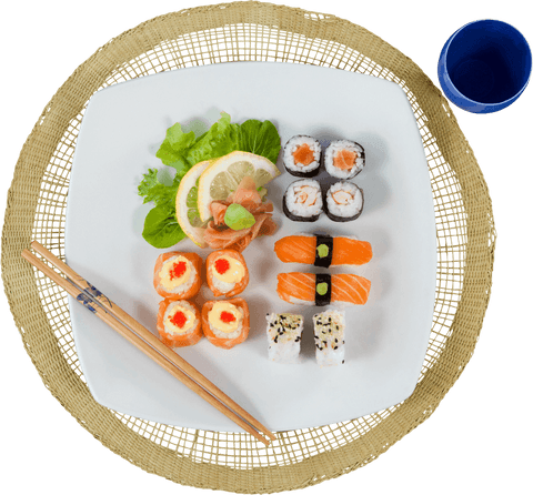 transparent platter of assorted sushi with decorative elements - Download Free Stock Videos Pikwizard.com